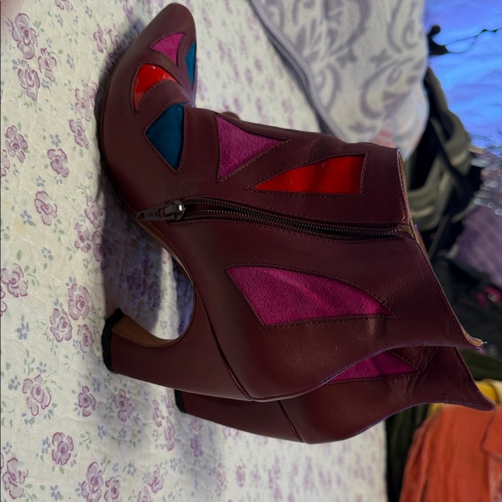 John Fluevog Burgundy Leather Ankle Boots with Pink, Blue & Red Accents - Picture 4 of 5